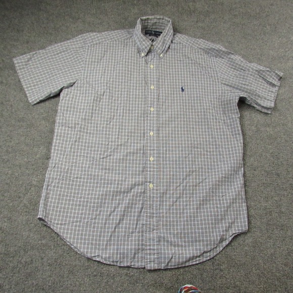 Ralph Lauren Shirt Men Medium Blue Gray Plaid Blake Short Sleeve Cotton Oversize - Picture 2 of 11